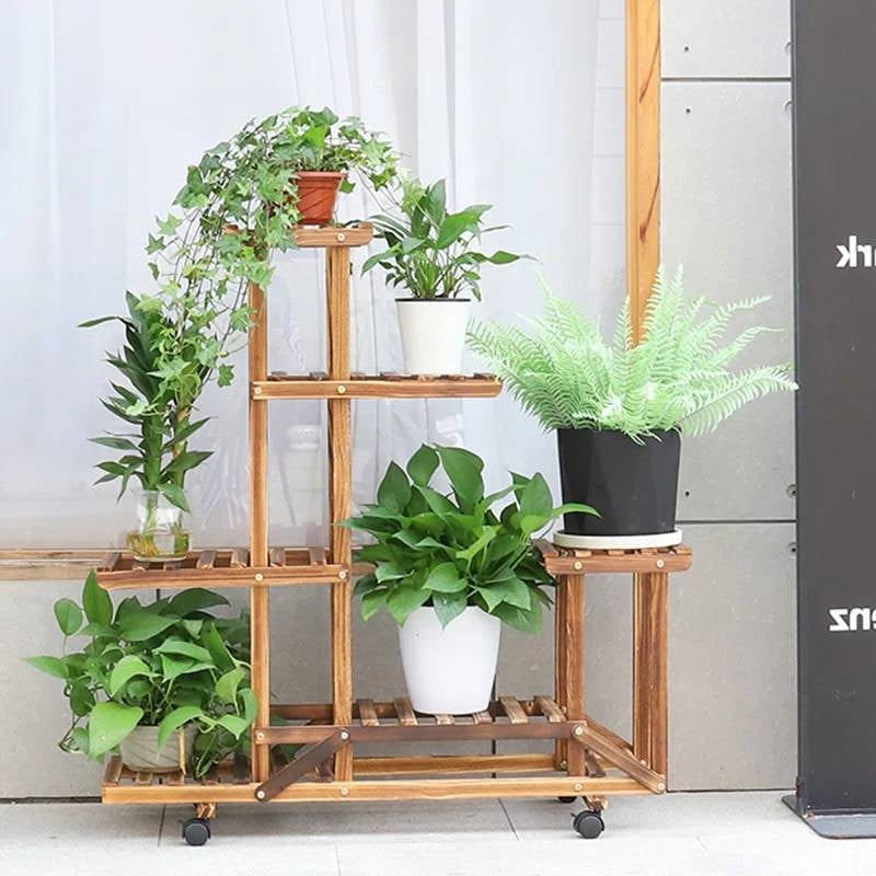 6-Shelf Portable Wooden Flower Pot Plant Stand with Locking Wheels - Tampa Home & Garden Store