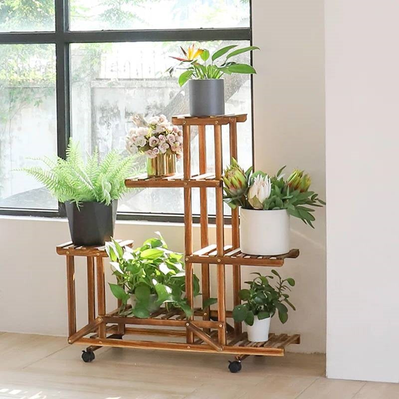 6-Shelf Portable Wooden Flower Pot Plant Stand with Locking Wheels - Tampa Home & Garden Store