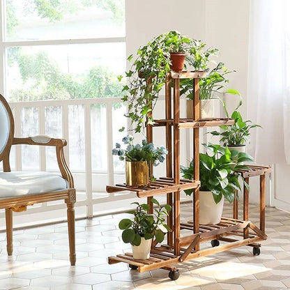 6-Shelf Portable Wooden Flower Pot Plant Stand with Locking Wheels - Tampa Home & Garden Store