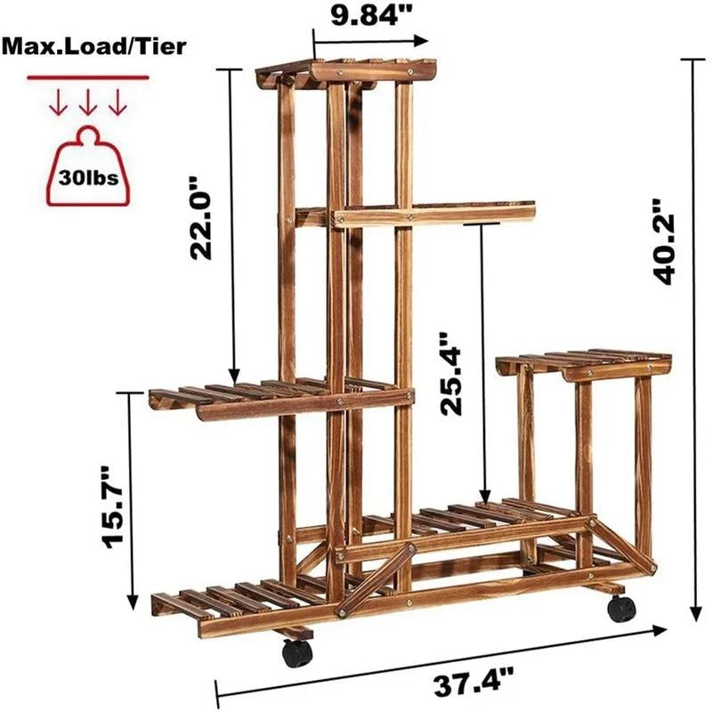 6-Shelf Portable Wooden Flower Pot Plant Stand with Locking Wheels - Tampa Home & Garden Store