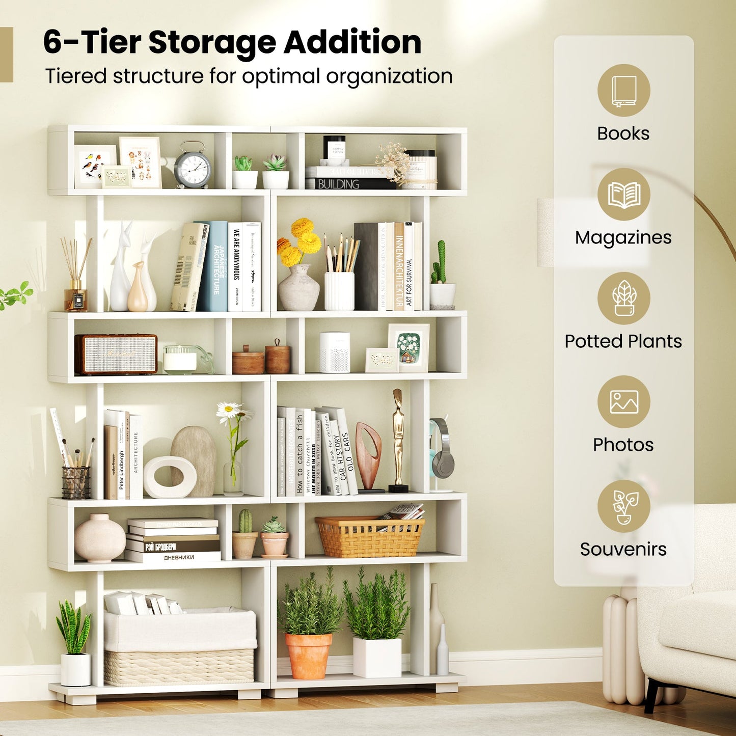 6-Tier Bookcase with Anti-Tipping Kit-White