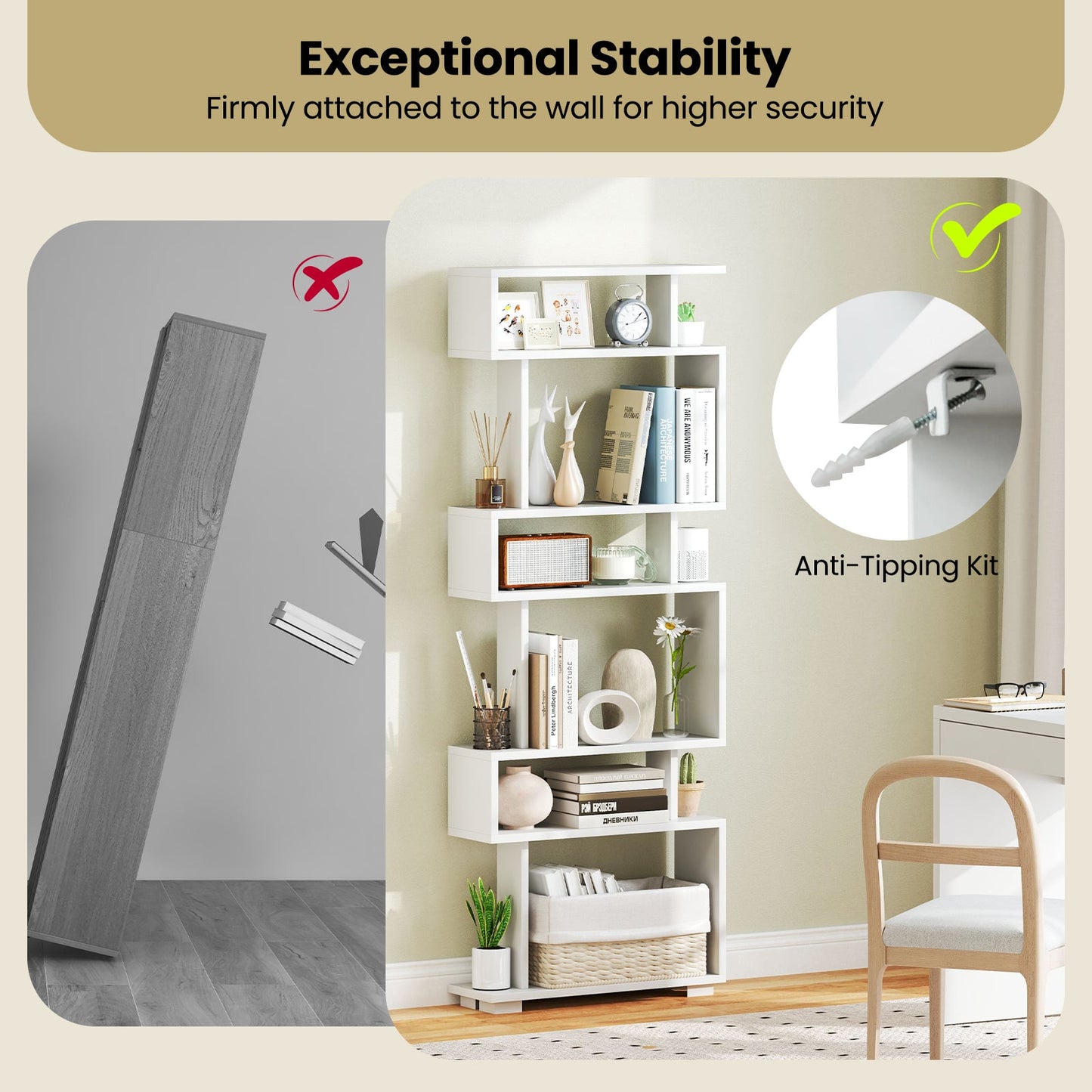 6-Tier Bookcase with Anti-Tipping Kit-White