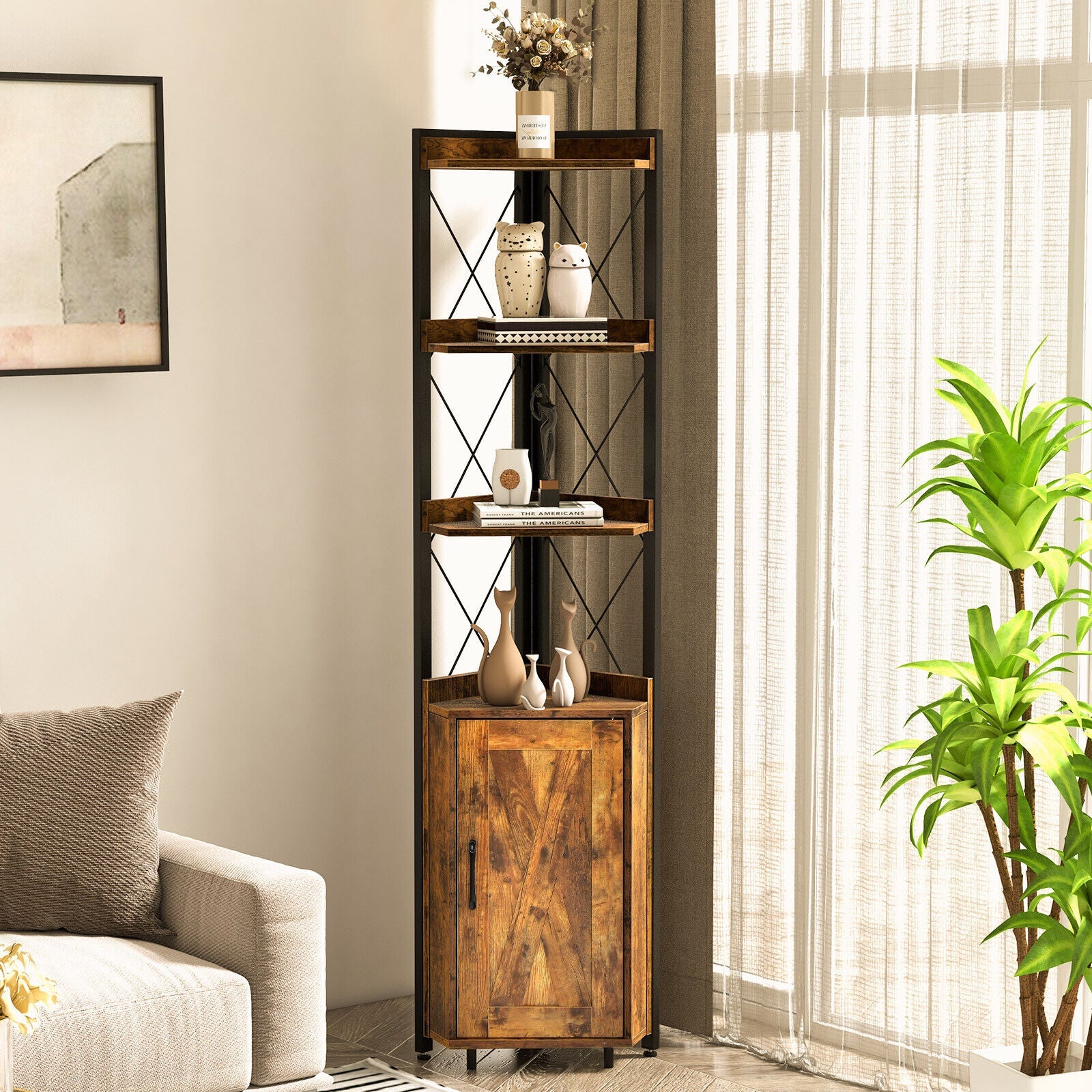 Tall corner storage cabinet DirectDeals with 3-tier shelves, black metal frame, enclosed cabinet on Tampa Home & Garden Store