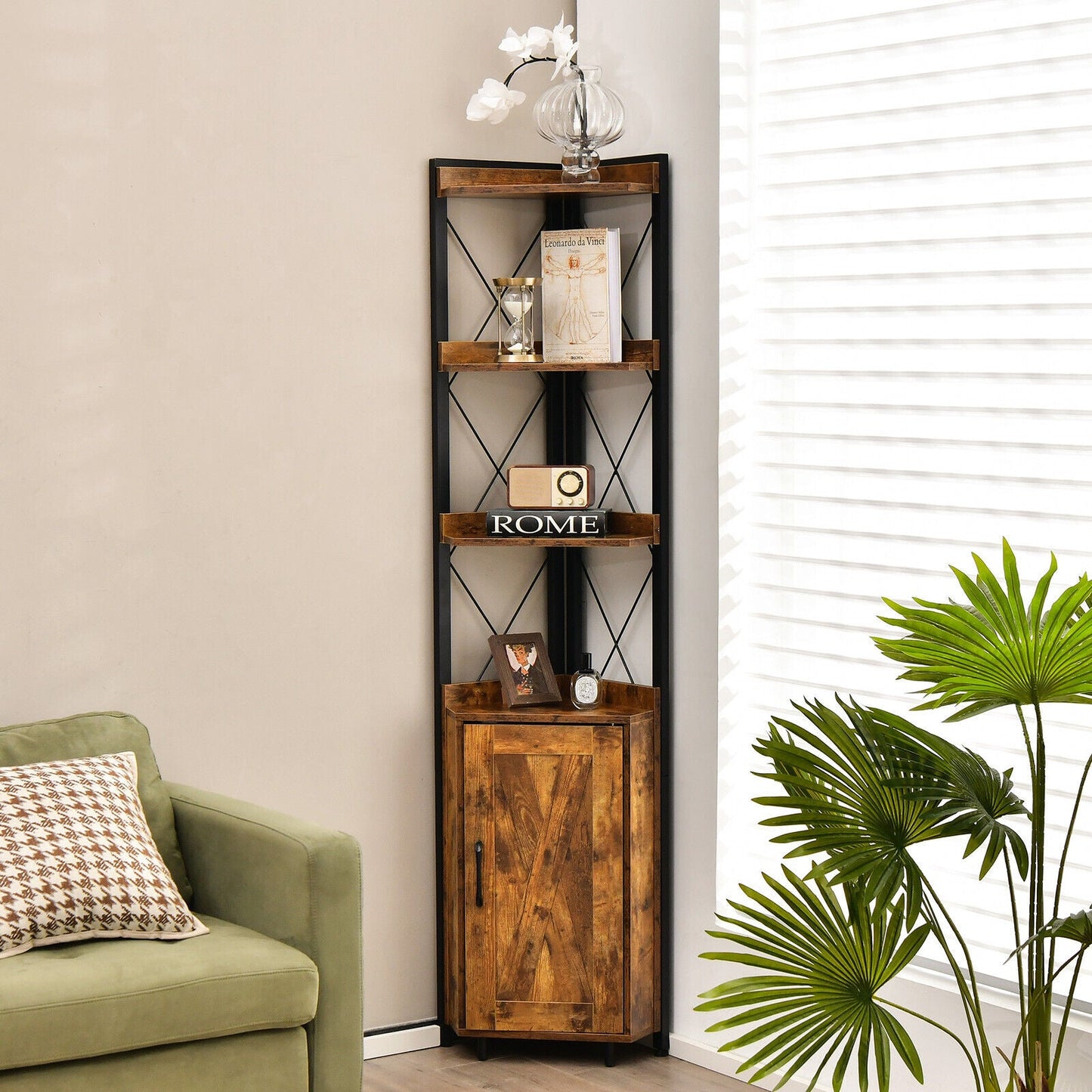 Tall Corner Storage Cabinet with 3-Tier Shelf and Enclosed Cabinet, black metal frame rustic on Tampa Home & Garden Store