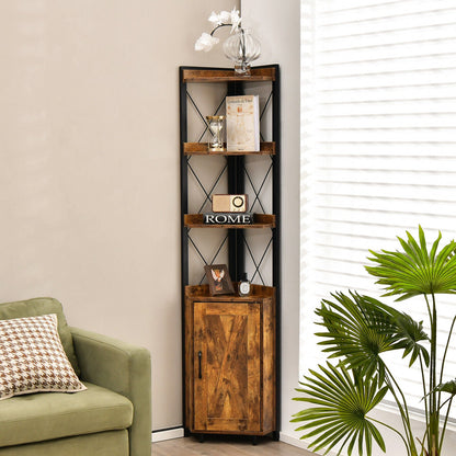 Tall Corner Storage Cabinet with 3-Tier Shelf and Enclosed Cabinet, black metal frame rustic on Tampa Home & Garden Store