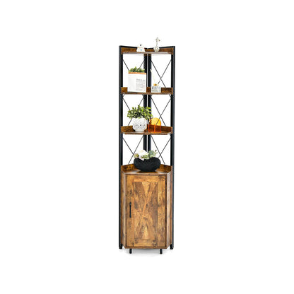 Tall corner storage cabinet with black metal frame and 3-tier shelves and enclosed bottom on Tampa Home & Garden Store