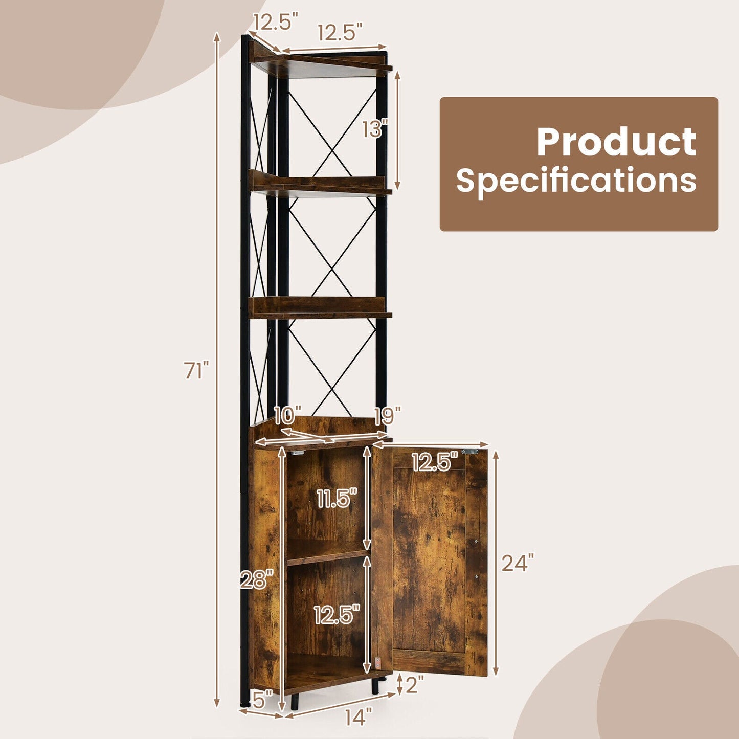Tall corner storage cabinet with 3-tier wood shelves and enclosed lower cabinet, DirectDeals on Tampa Home & Garden Store