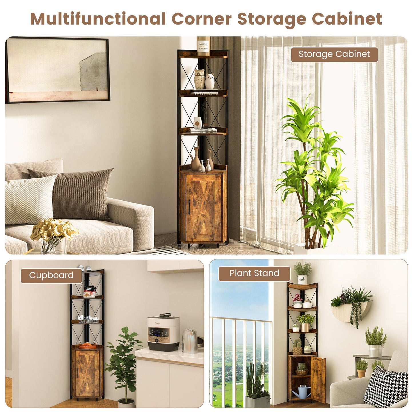 DirectDeals tall corner storage cabinet with 3-tier shelves and enclosed cabinet in rustic on Tampa Home & Garden Store