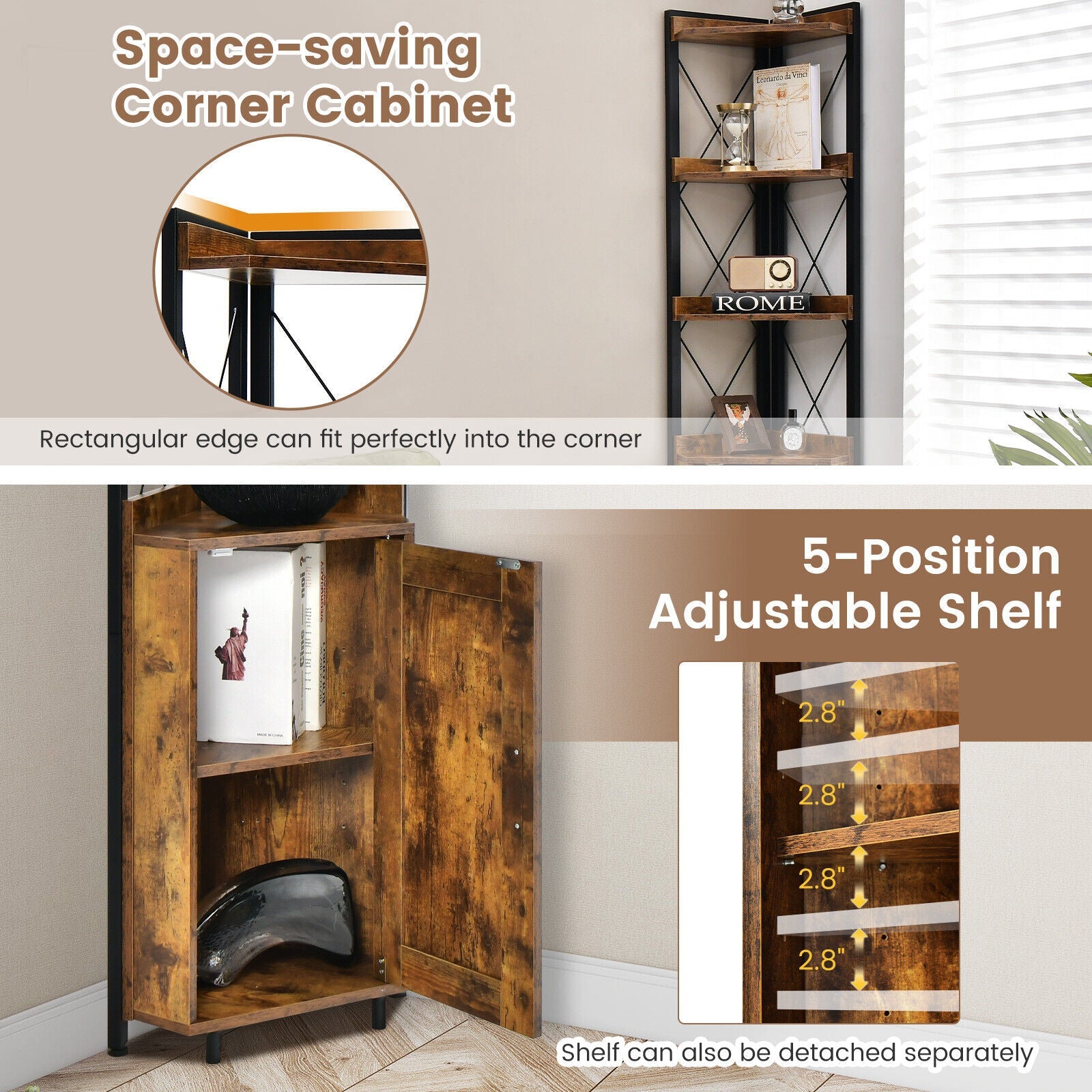 Tall corner storage cabinet with 3 wood shelves and black metal frame; enclosed cabinet included on Tampa Home & Garden Store