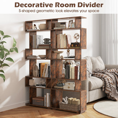 6-Tier Geometric Bookshelf with 2 Anti-Tipping Kits for Home Office-Brown