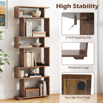 6-Tier Geometric Bookshelf with 2 Anti-Tipping Kits for Home Office-Brown