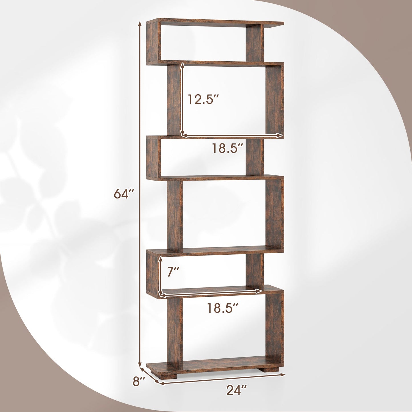 6-Tier Geometric Bookshelf with 2 Anti-Tipping Kits for Home Office-Brown