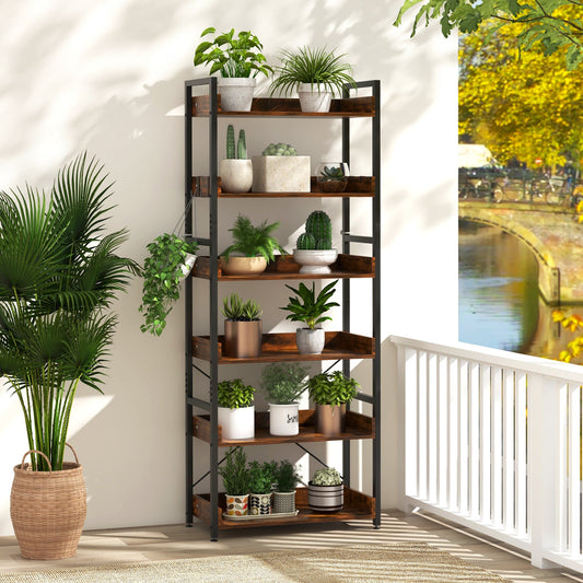 6-Tier Tall Industrial Bookcase with Open Shelves and 4 Hooks-Brown - Tampa Home & Garden Store