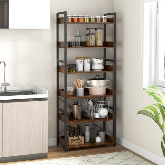 6-Tier Tall Industrial Bookcase with Open Shelves and 4 Hooks-Brown - Tampa Home & Garden Store