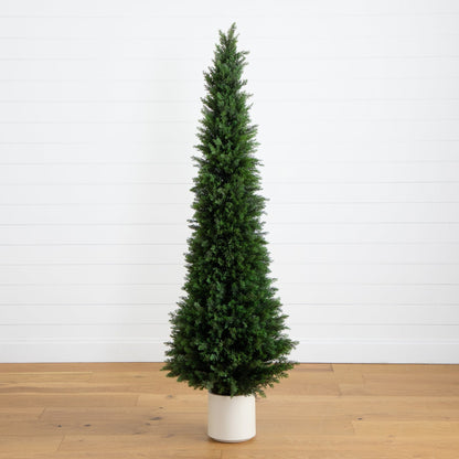 6’ UV Resistant Artificial Cedar Tree in Decorative White Planter (Indoor/Outdoor) - Tampa Home & Garden Store