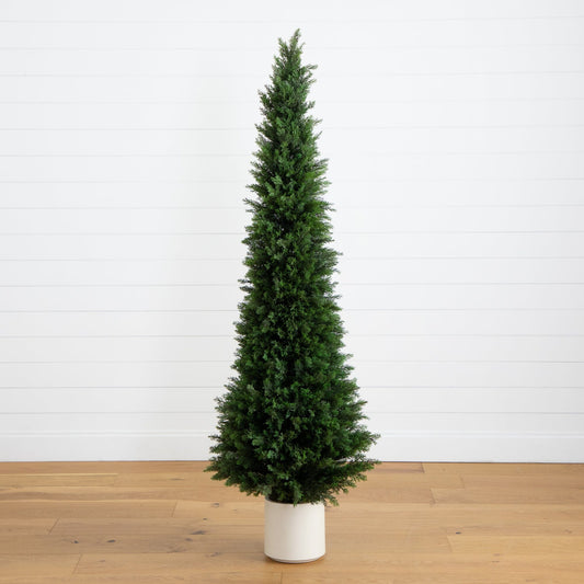 6’ UV Resistant Artificial Cedar Tree in Decorative White Planter (Indoor/Outdoor) - Tampa Home & Garden Store