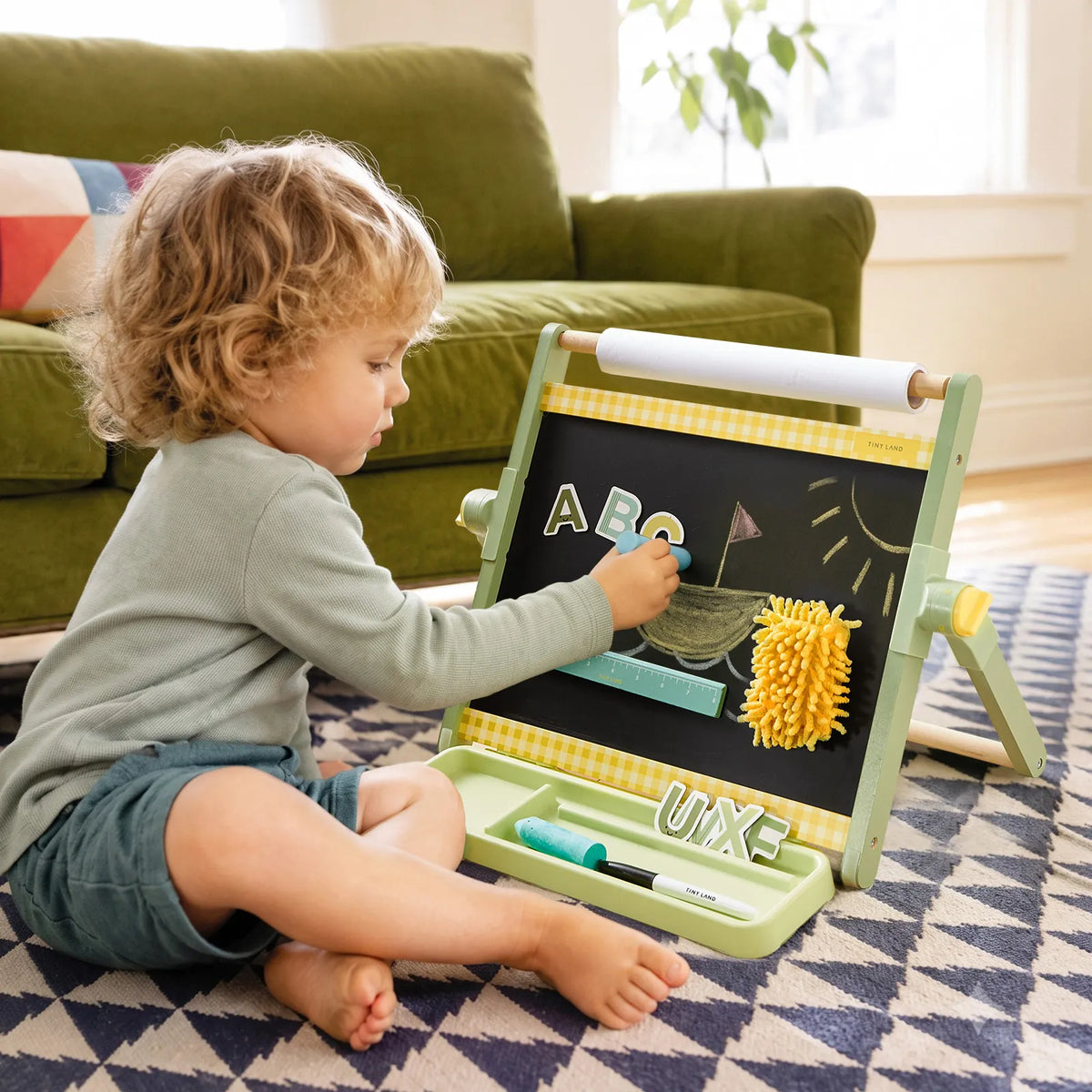 Tiny Land INC Double-Sided Magnetic Tabletop Easel for kids, green frame chalkboard, yellow trim on Tampa Home & Garden Store