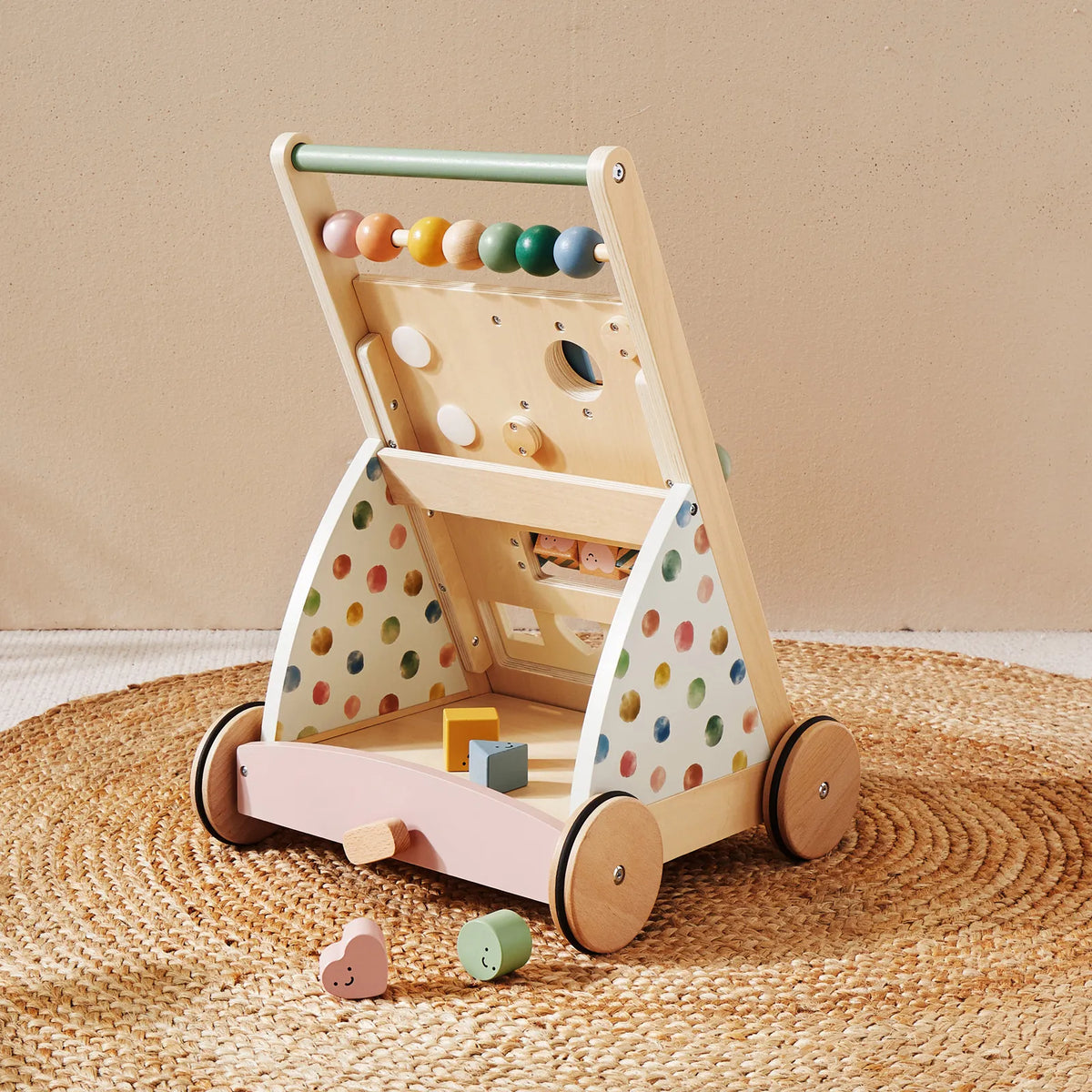 Tiny Land Versatile Natural Wooden Baby Walker with colorful bead abacus and wheeled frame on Tampa Home & Garden Store
