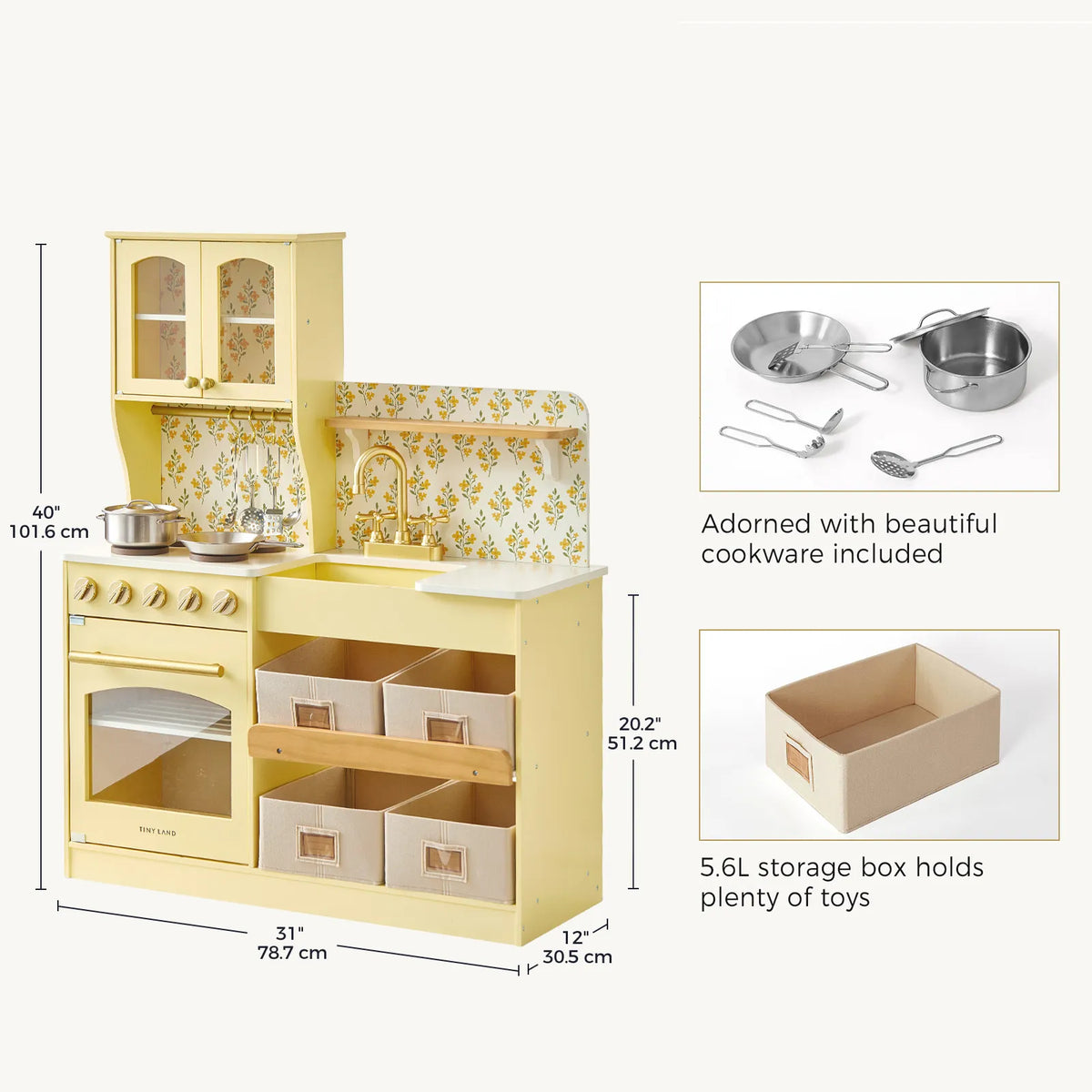Tiny Land INC wooden play kitchen in yellow with stove, oven, sink and storage drawers on Tampa Home & Garden Store