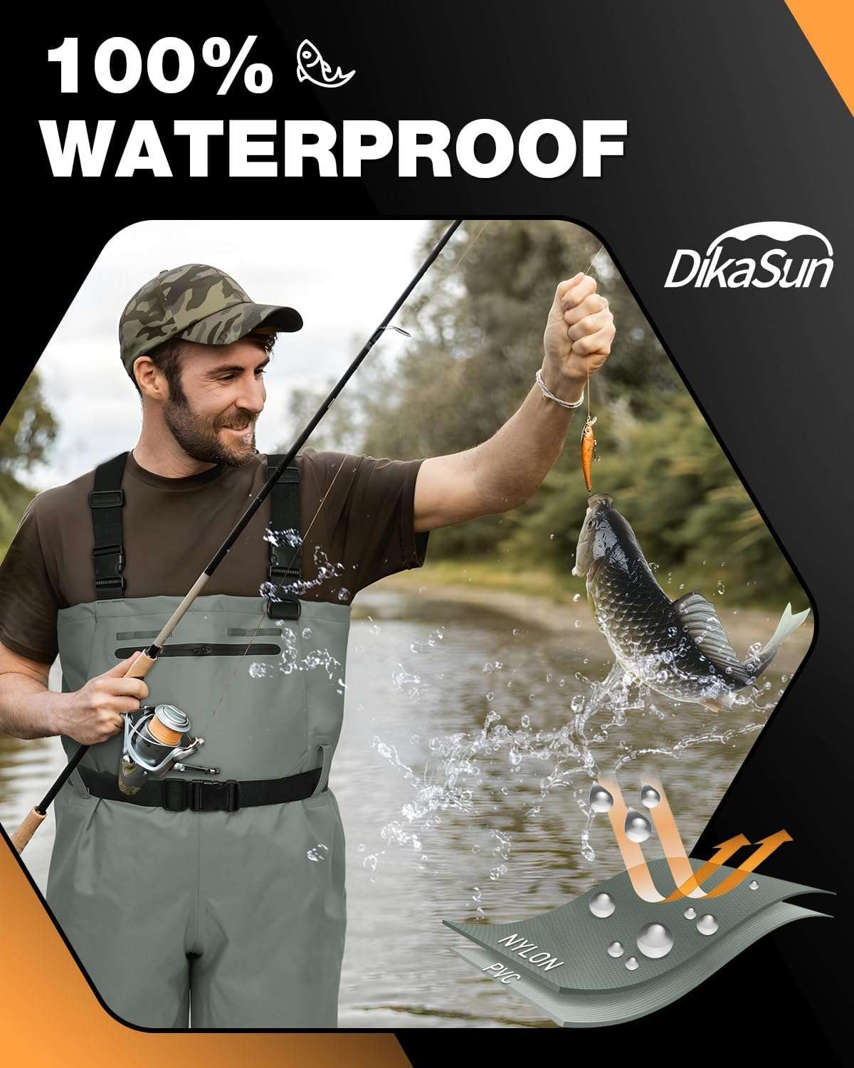 Dikasun Chest Waders with Boots in grey, bootfoot design, man fishing and landing a fish on Tampa Home & Garden Store