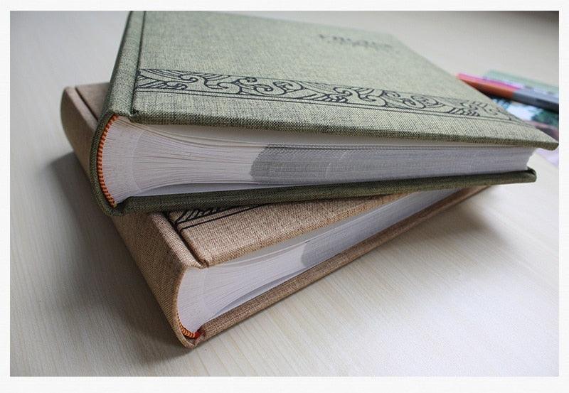Stevvex 6-inch Intert Photo Album set, two linen-covered scrapbooks in green and beige with decorative spines, 200 pages on Tampa Home & Garden Store