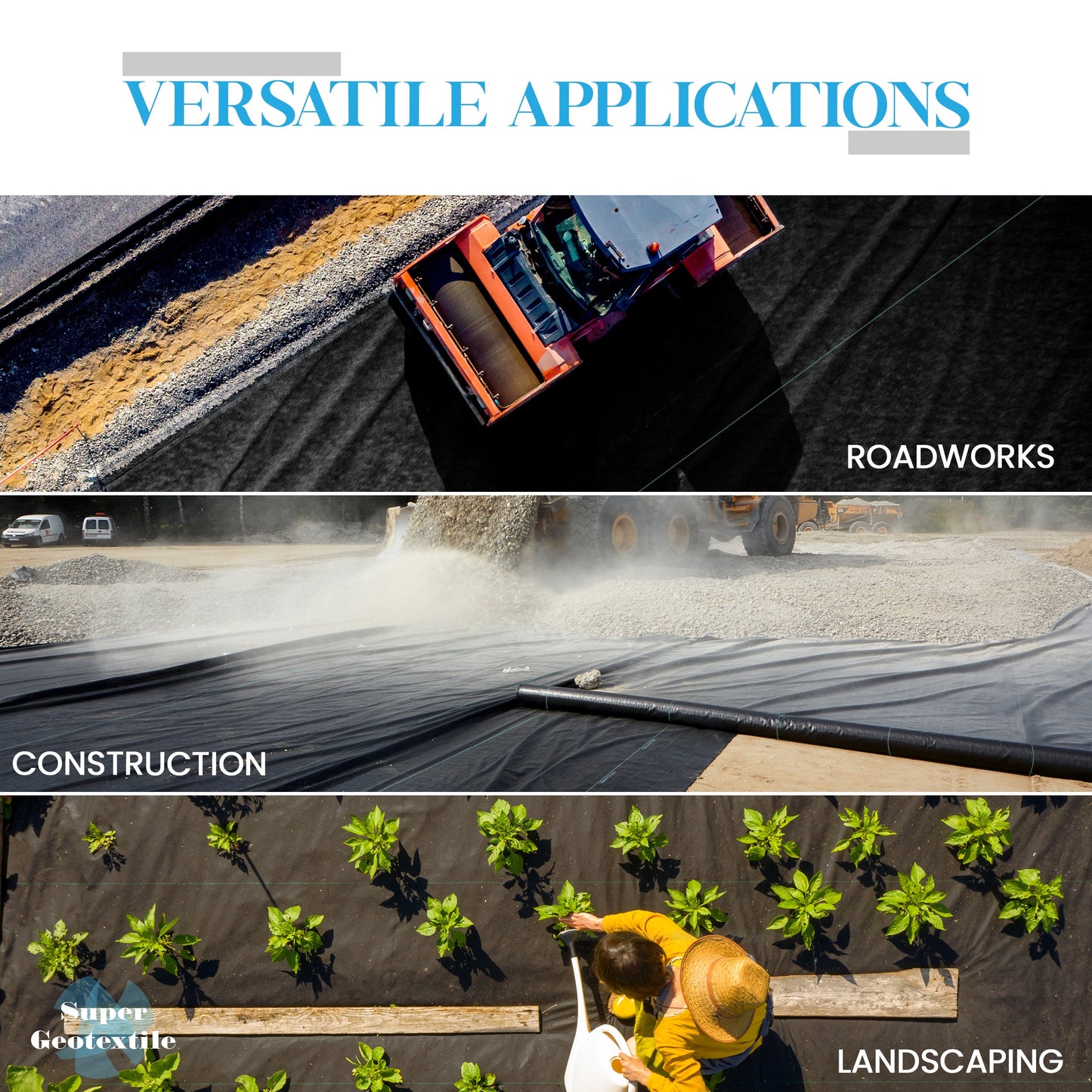 Geotextil tejido, malla de grado comercial para caminos de acceso y carreteras, separación y estabilización, base resistente, malla con una vida útil de 50 años.