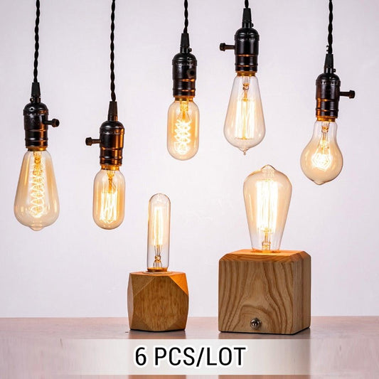Stevvex Edison vintage bulbs 6 pcs set with hanging cords and wooden bases for chandeliers on Tampa Home & Garden Store