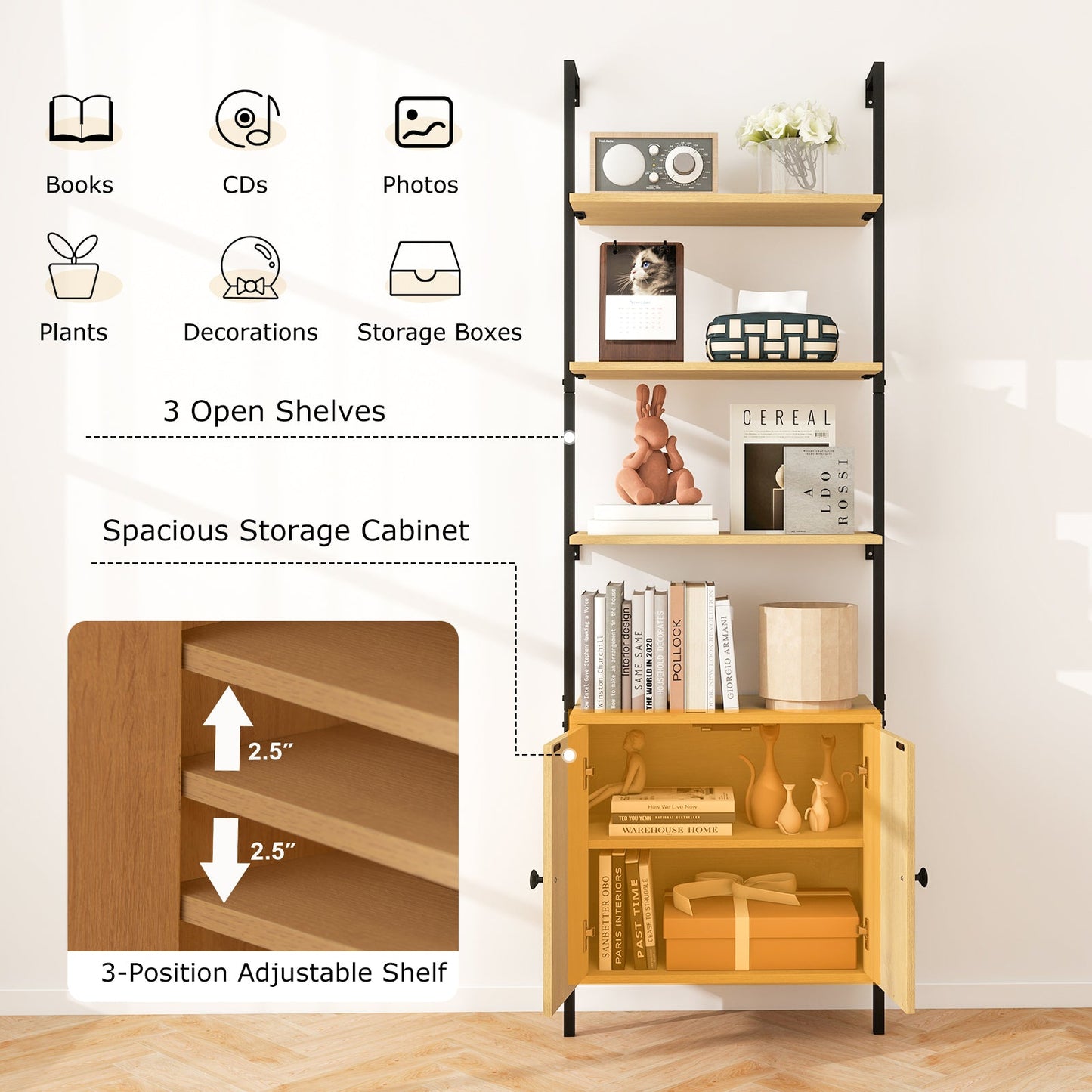 72.5 Inch 6-Tier Wall Mounted Ladder Bookshelf with Rattan Cabinet-Natural