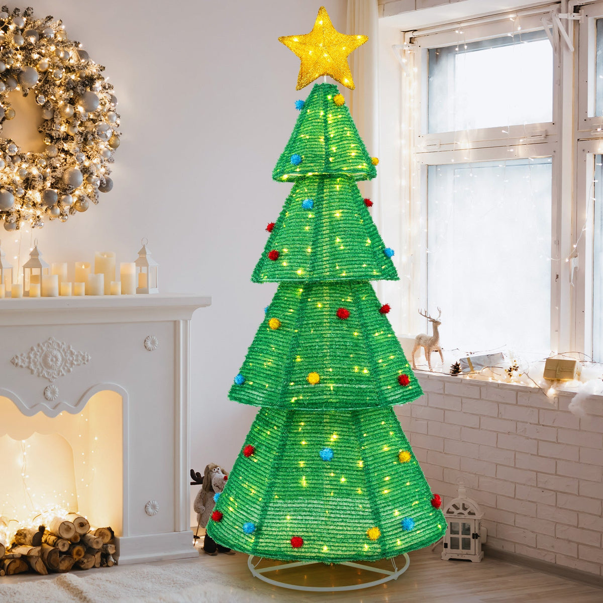 6.2ft collapsible artificial Christmas tree with star topper, green and LED-lit colorful ornaments on Tampa Home & Garden Store