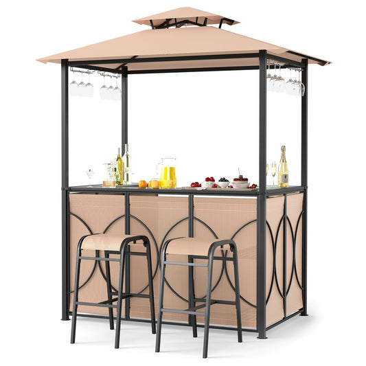 Cenador para parrilla de 6.5 x 4 x 8 pies con 2 taburetes de bar y mesa de bar - Marrón