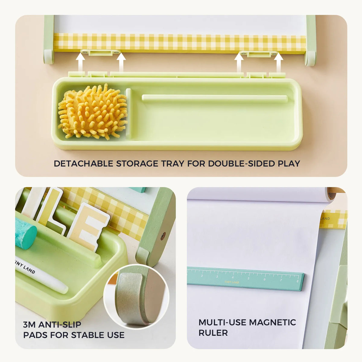 Tiny Land Double-Sided Magnetic Tabletop Easel for kids with light-green base and detachable tray on Tampa Home & Garden Store