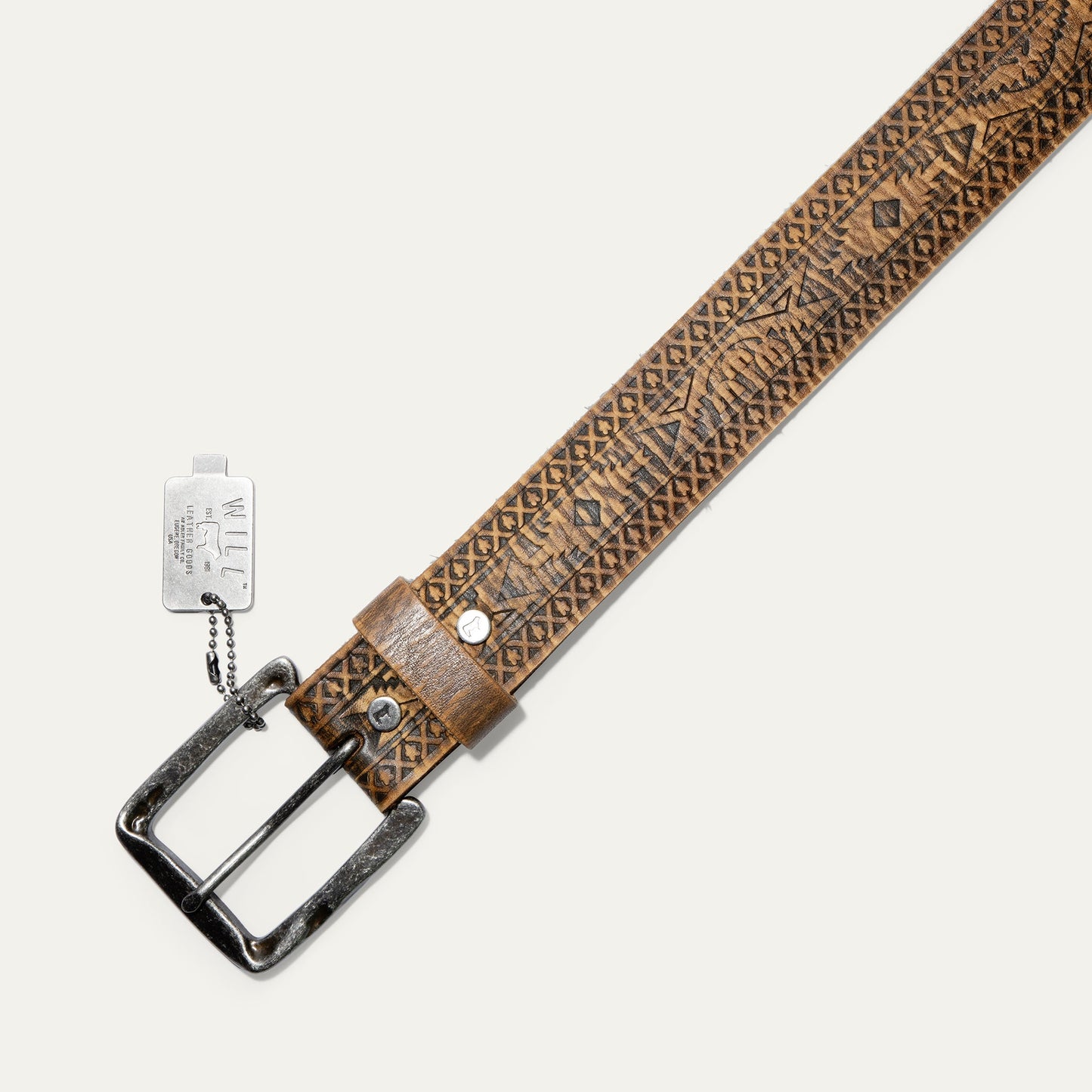 FREEDOM WILD ONE BELT by Will Leather Goods, brown embossed leather belt with metal buckle on Tampa Home & Garden Store
