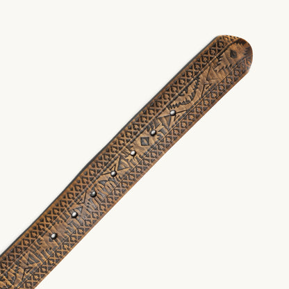 FREEDOM WILD ONE BELT by Will Leather Goods brown embossed leather with geometric tribal pattern on Tampa Home & Garden Store