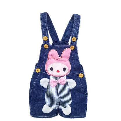 Stevvex denim baby romper overalls with pink bunny applique, striped pants, yellow buttons on Tampa Home & Garden Store