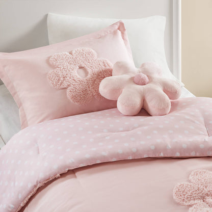 3-Piece Twin Pink Reversible Tufted Chenille Comforter Set with white polka dots on bed on Tampa Home & Garden Store