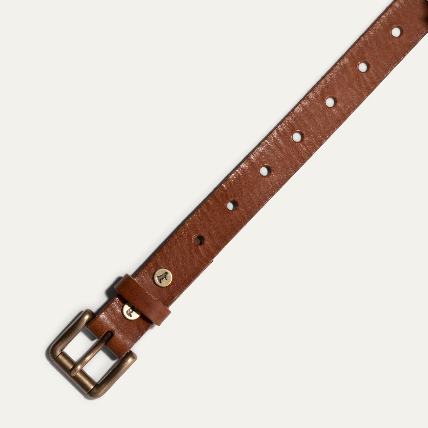The Bridal Belt by Will Leather Goods, brown leather belt with brass buckle and punched holes on Tampa Home & Garden Store