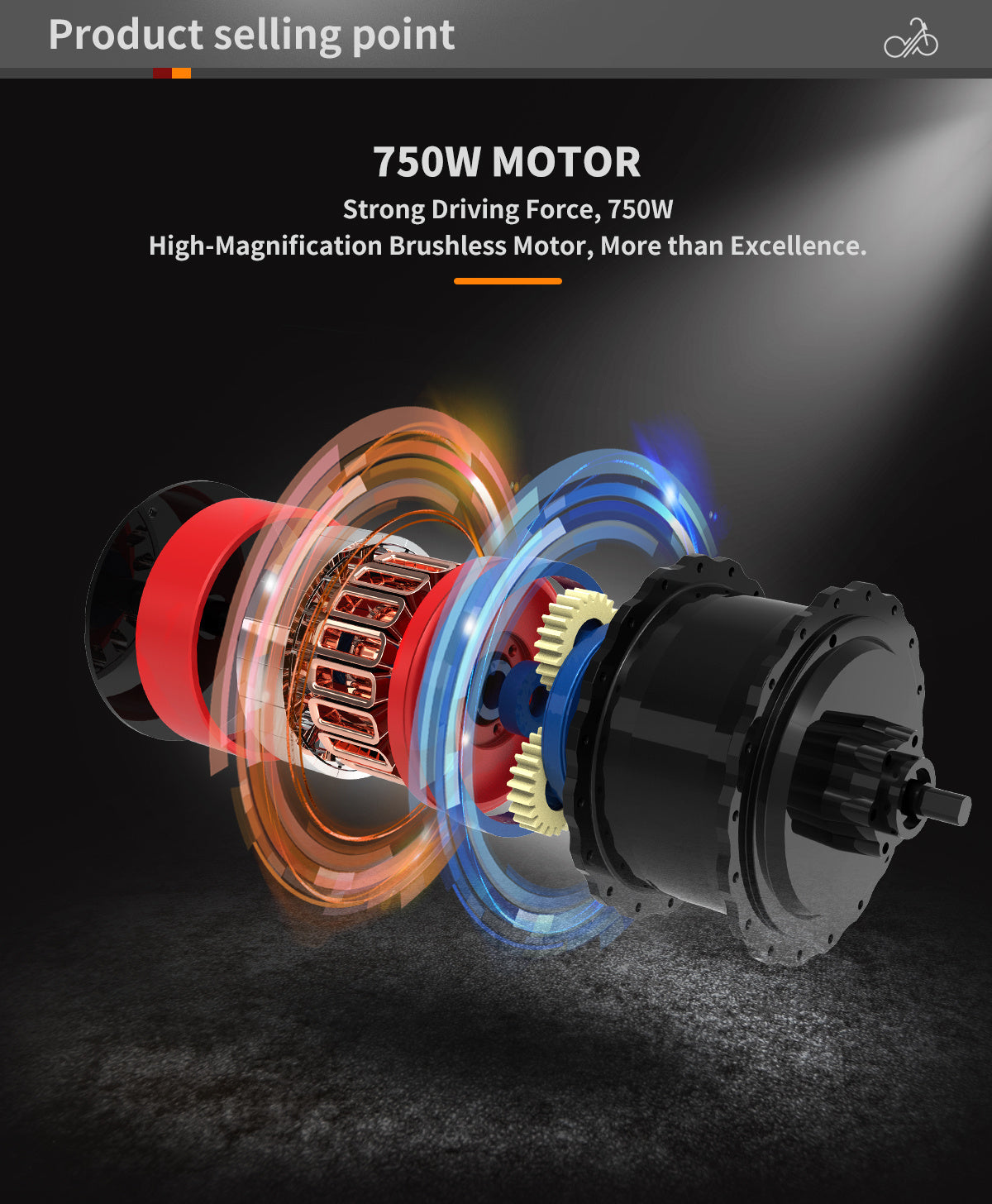 Foldable electric fat-tire bike 750W brushless motor assembly exploded view with copper windings on Tampa Home & Garden Store
