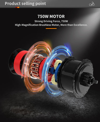Foldable electric fat-tire bike 750W brushless motor assembly exploded view with copper windings on Tampa Home & Garden Store