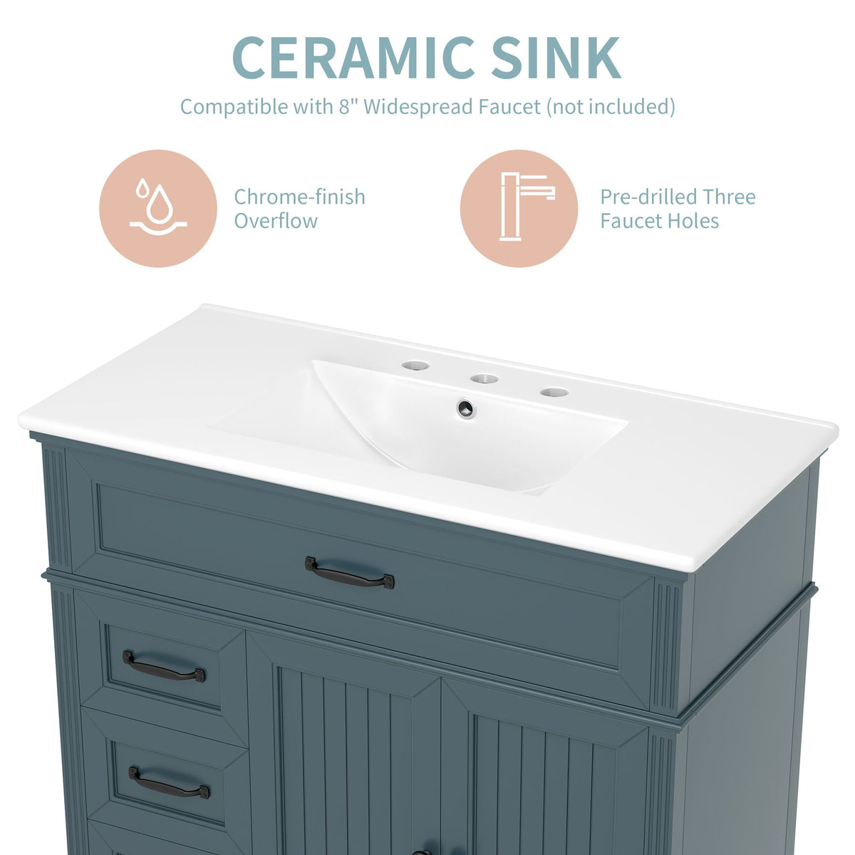 Bathroom vanity with ceramic sink on freestanding solid wood blue-gray cabinet with drawers on Tampa Home & Garden Store