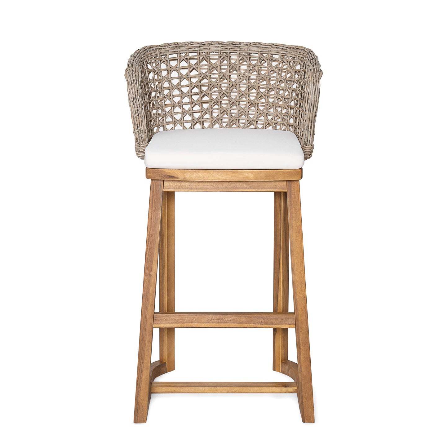 Outdoor Acacia Wood Bar Stool with woven rattan back and white cushion set of 4 on Tampa Home & Garden Store