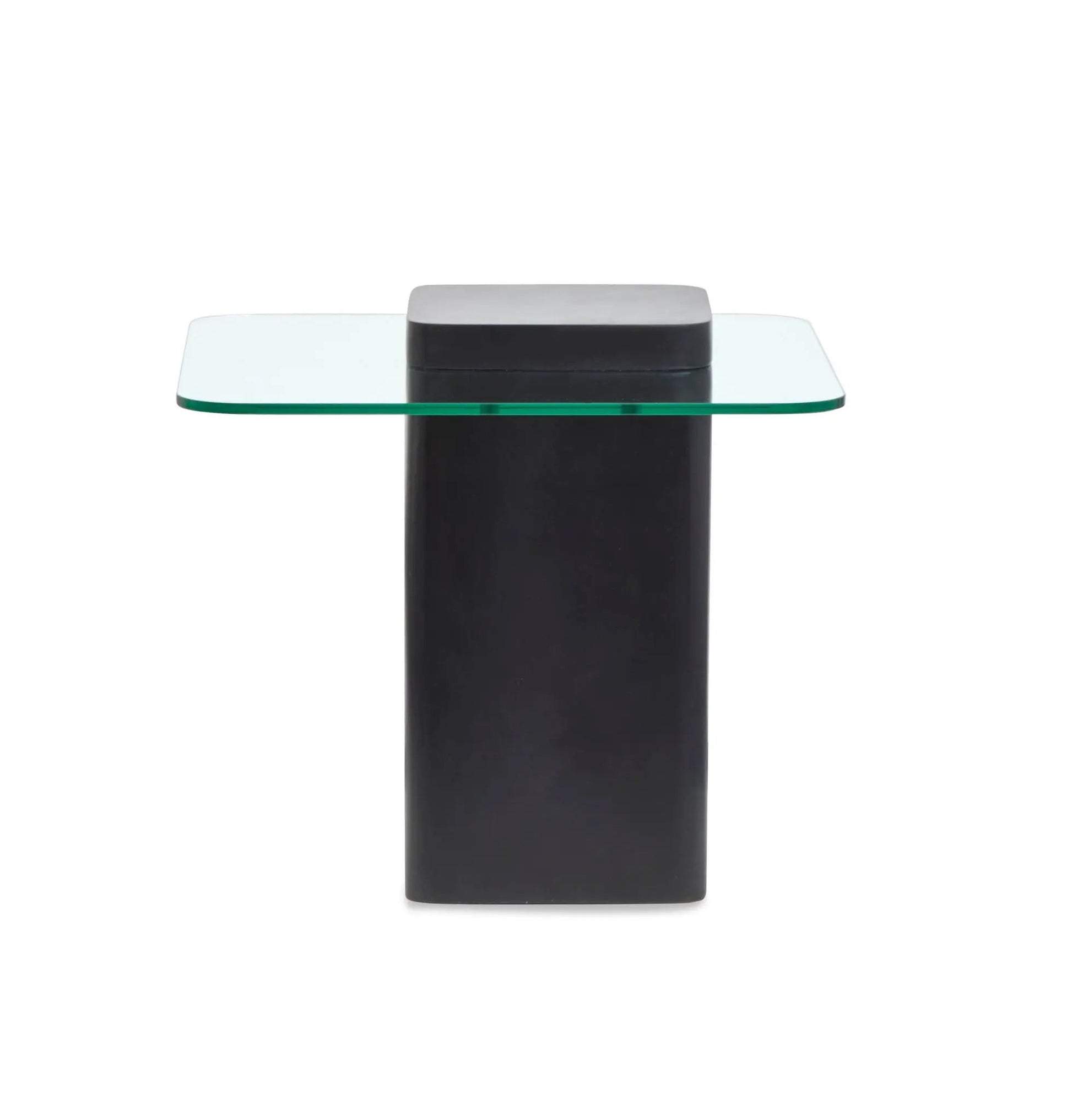 Donora square end table with black pedestal base and glass top with green edge on Tampa Home & Garden Store