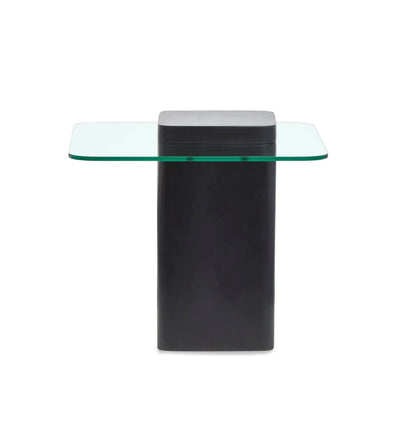 Donora square end table with black pedestal base and glass top with green edge on Tampa Home & Garden Store