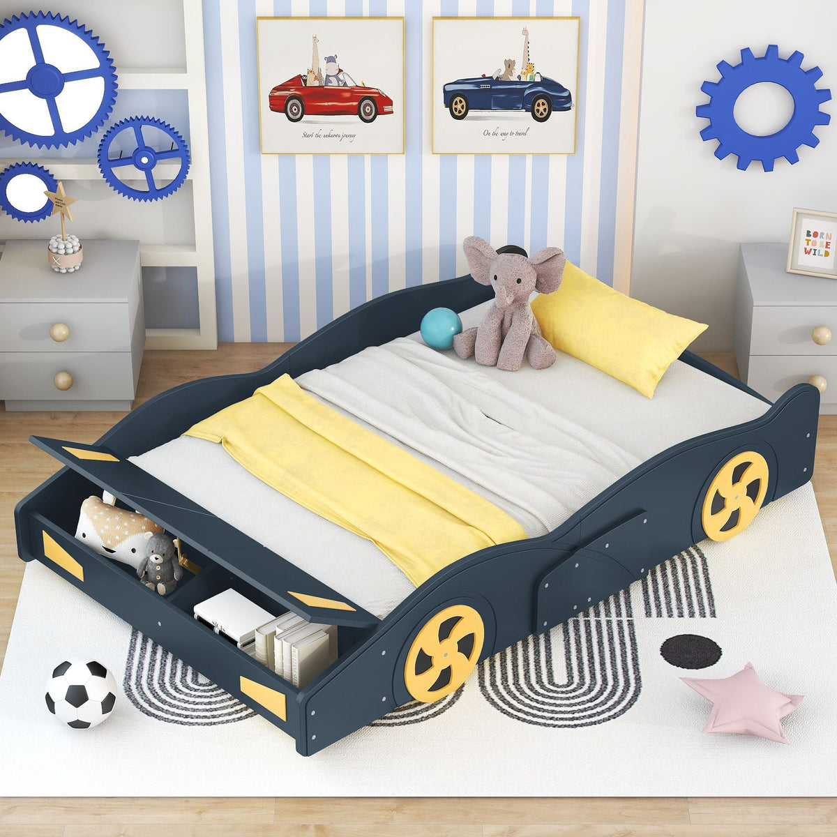 Race car shaped platform bed with wheels and built-in storage in dark blue with yellow accents on Tampa Home & Garden Store