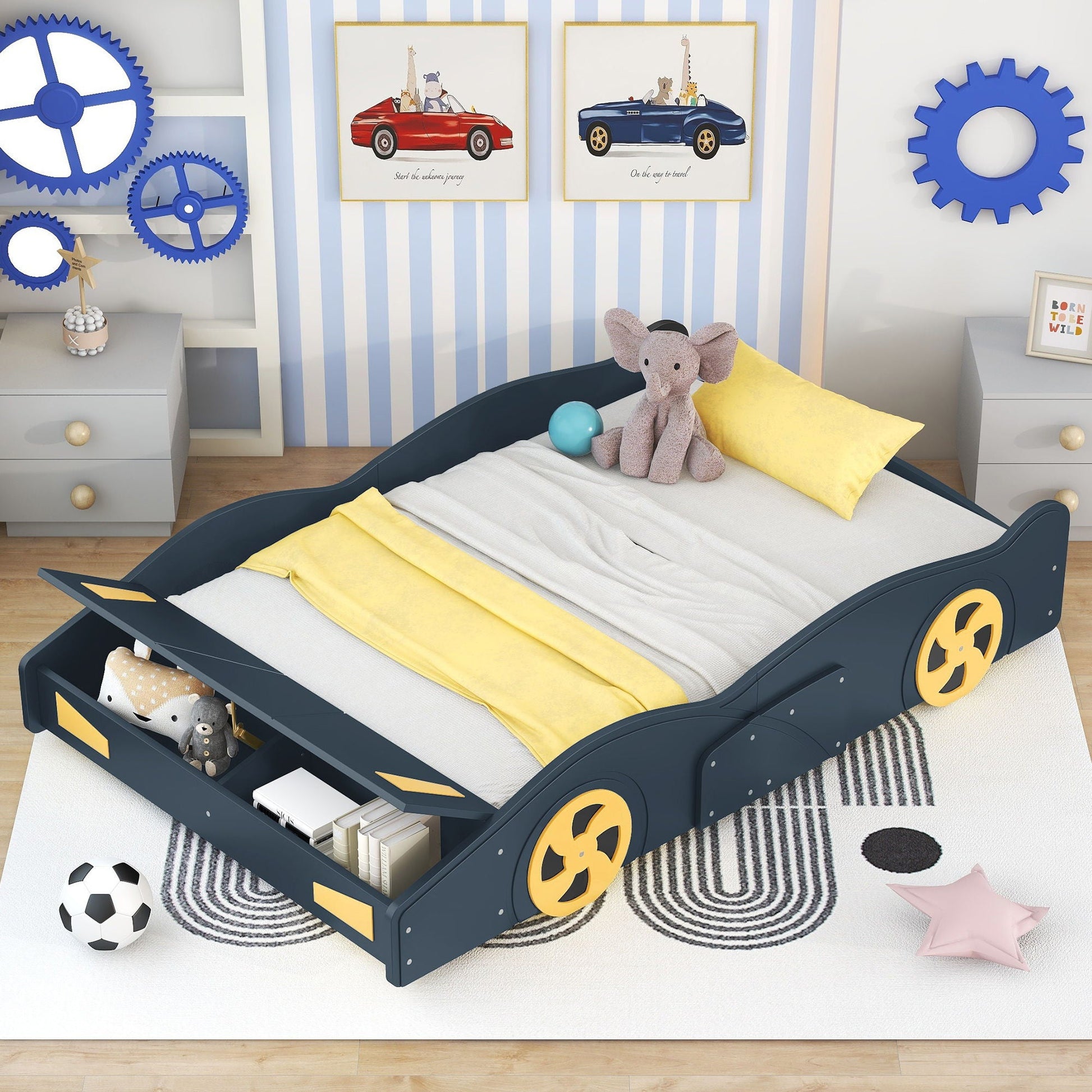 Race car shaped platform bed with wheels and built-in storage in dark blue with yellow accents on Tampa Home & Garden Store