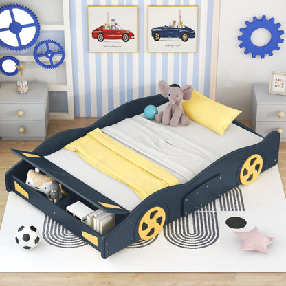 Race car shaped platform bed with wheels and built-in storage in dark blue with yellow accents on Tampa Home & Garden Store