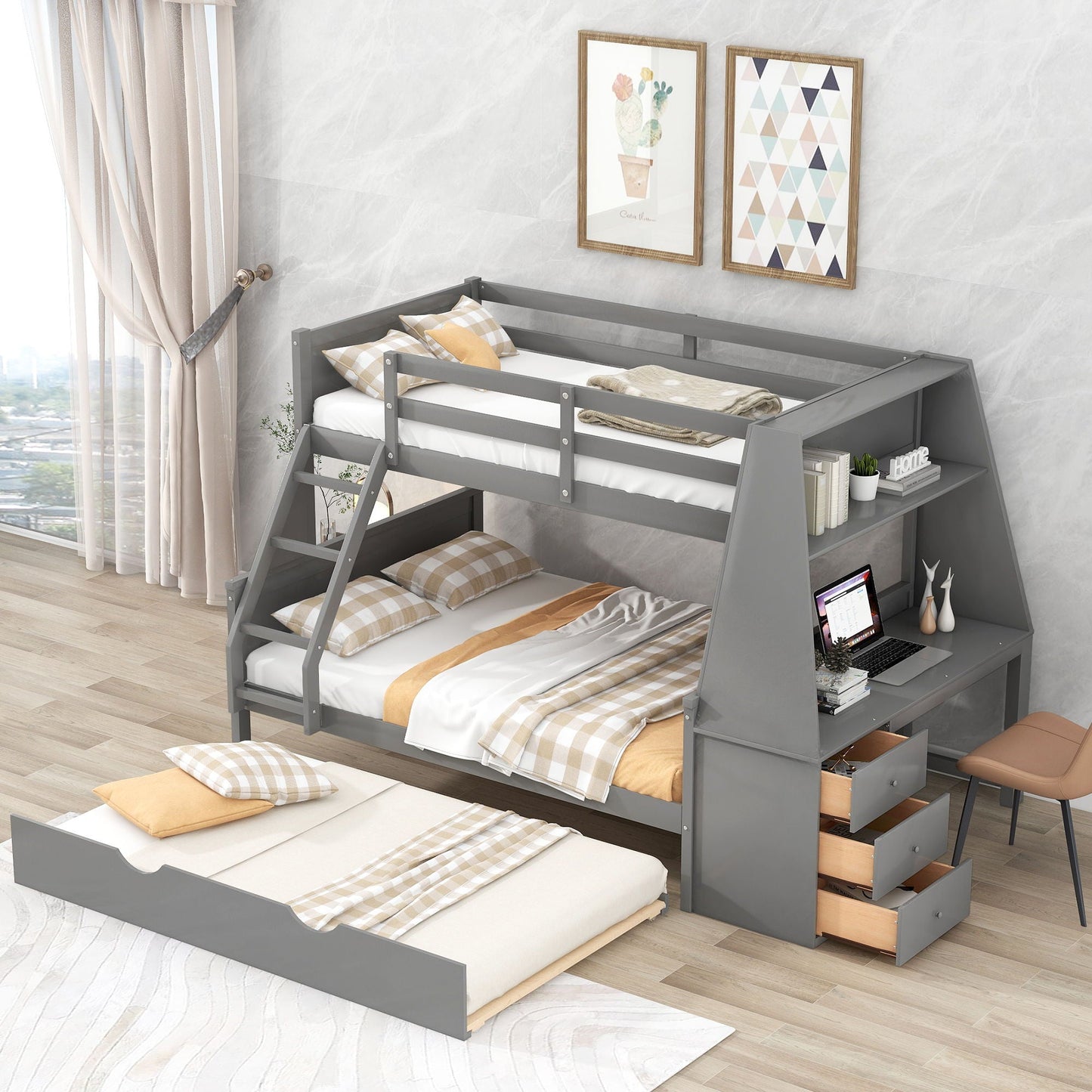Bunk bed with trundle and built-in desk in gray metal, with three storage drawers HouseOfZazla on Tampa Home & Garden Store