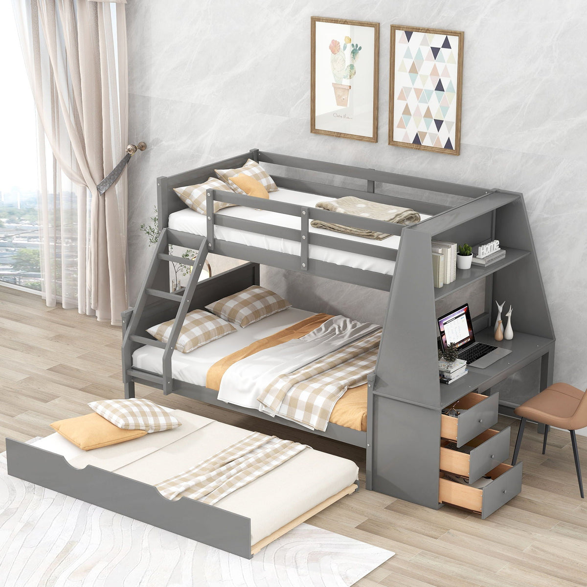 Bunk bed with trundle and built-in desk in gray metal, with three storage drawers HouseOfZazla on Tampa Home & Garden Store