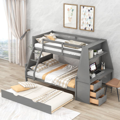 Bunk bed with trundle and built-in desk in gray metal, with three storage drawers HouseOfZazla on Tampa Home & Garden Store