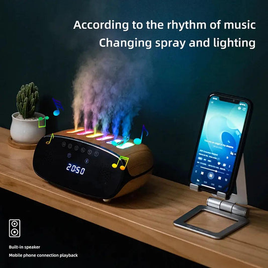 Music Clock Humidifier with Volcano Light wooden base rainbow spray lights built-in speaker on Tampa Home & Garden Store