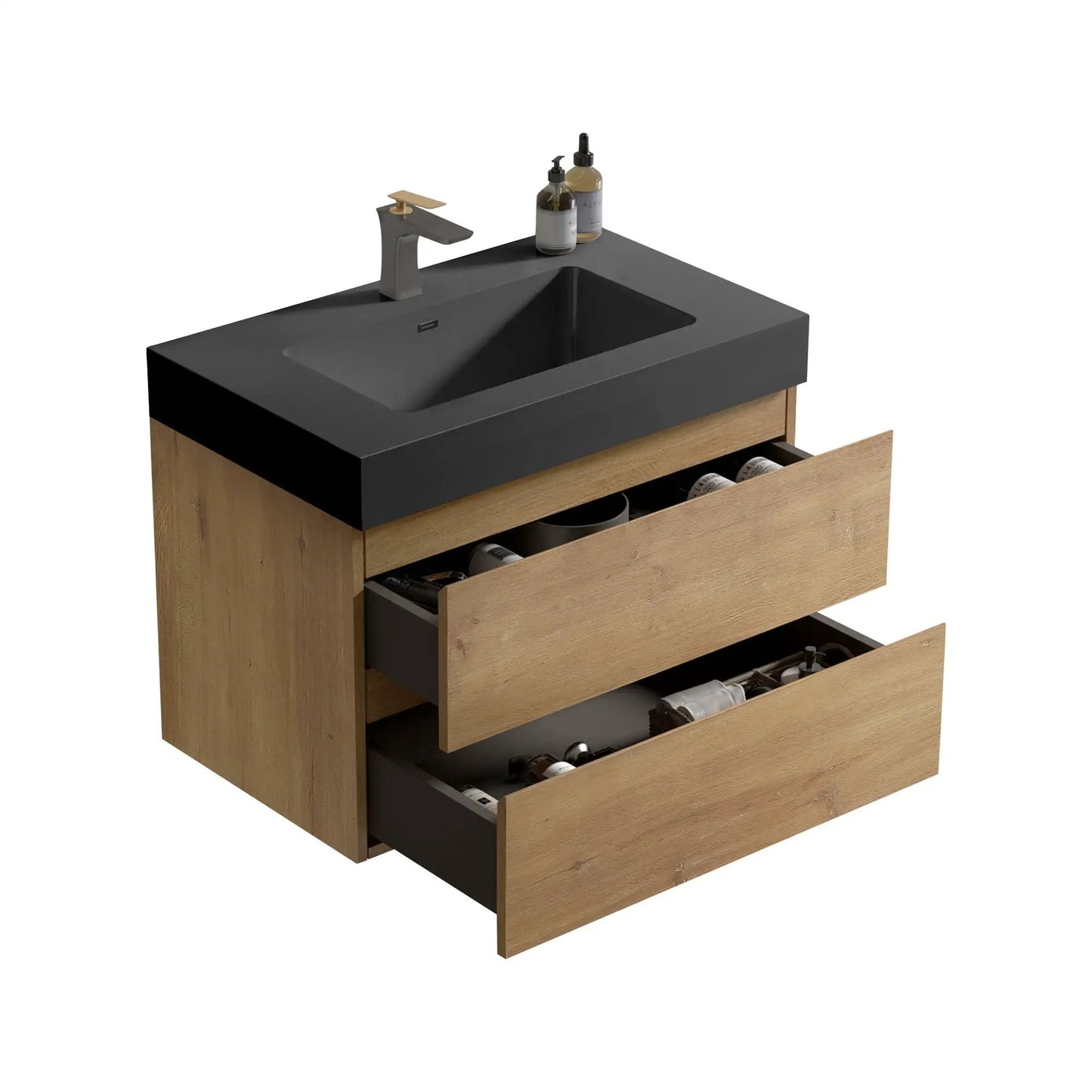 Alice natural oak wall-mounted vanity with sink, black top, gold faucet and wide storage drawers on Tampa Home & Garden Store